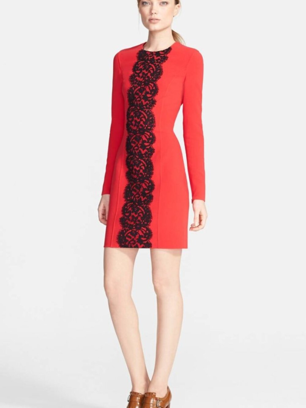 Michael Kors Front Lace Panel Stretch Wool Dress Red